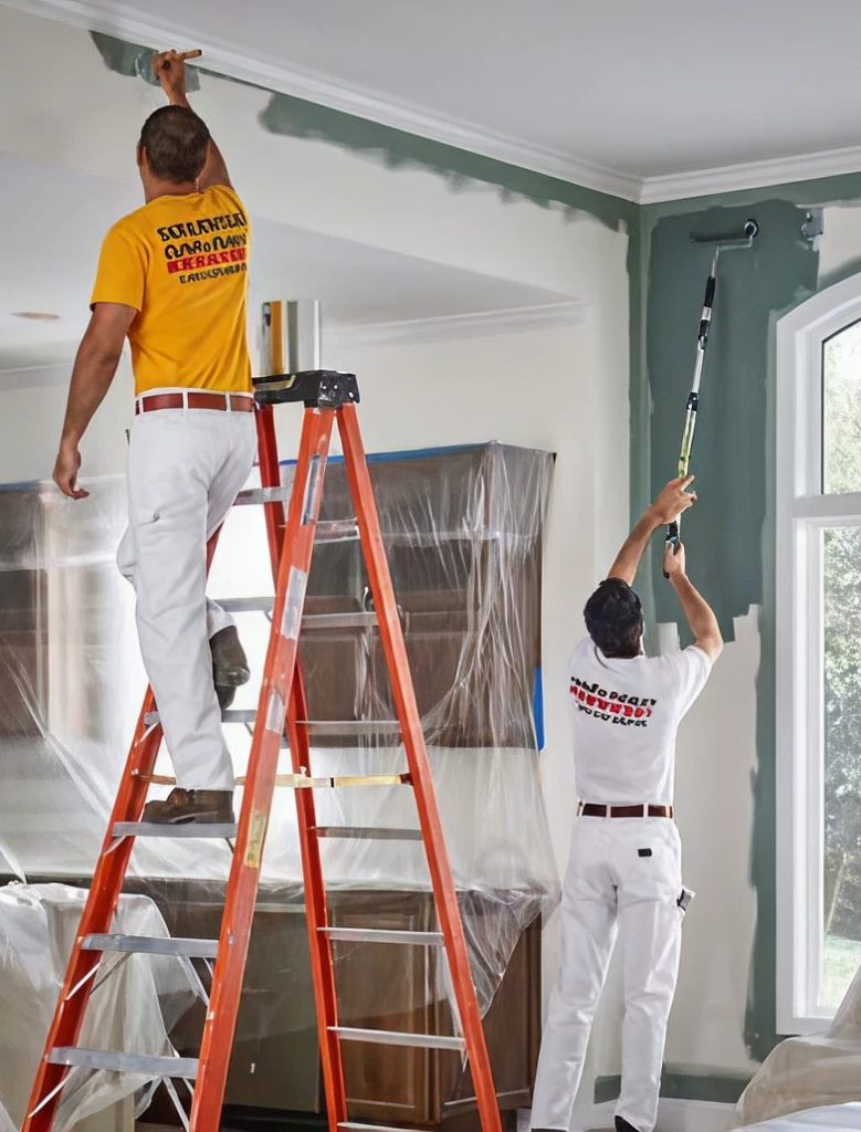 Two CertaPro painters cutting in a ceiling line and rolling a wall in a draped living room